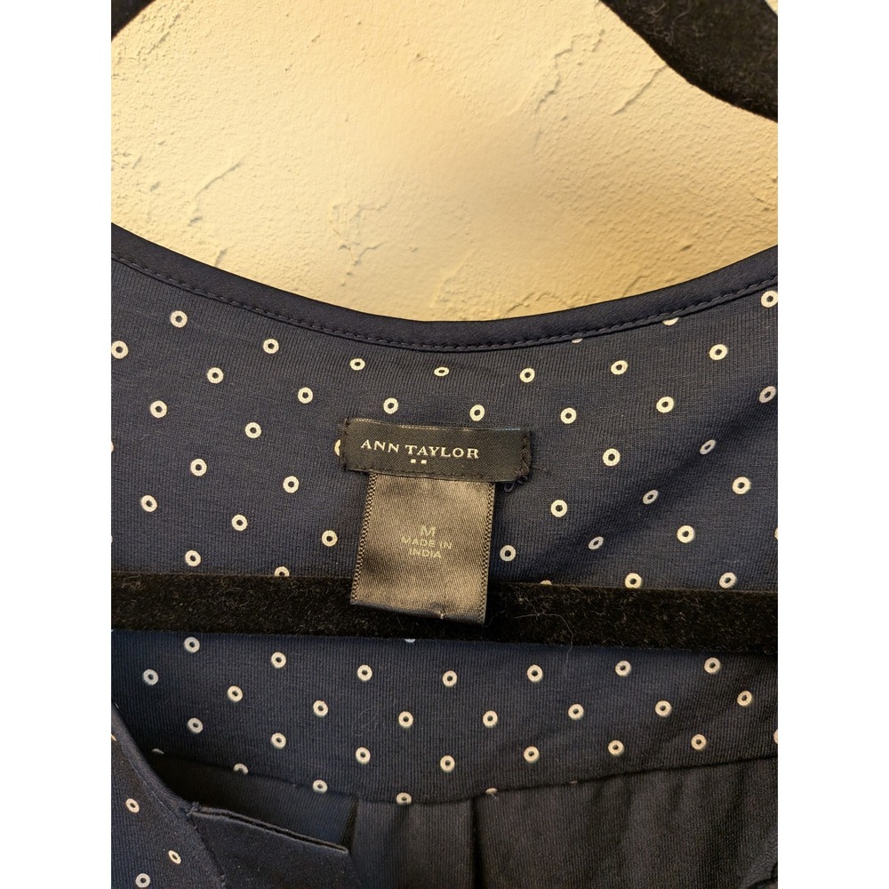 Ann Taylor Navy Blue Polka Dot V Neck Tie Waist 3/4 Sleeve Dress Size M